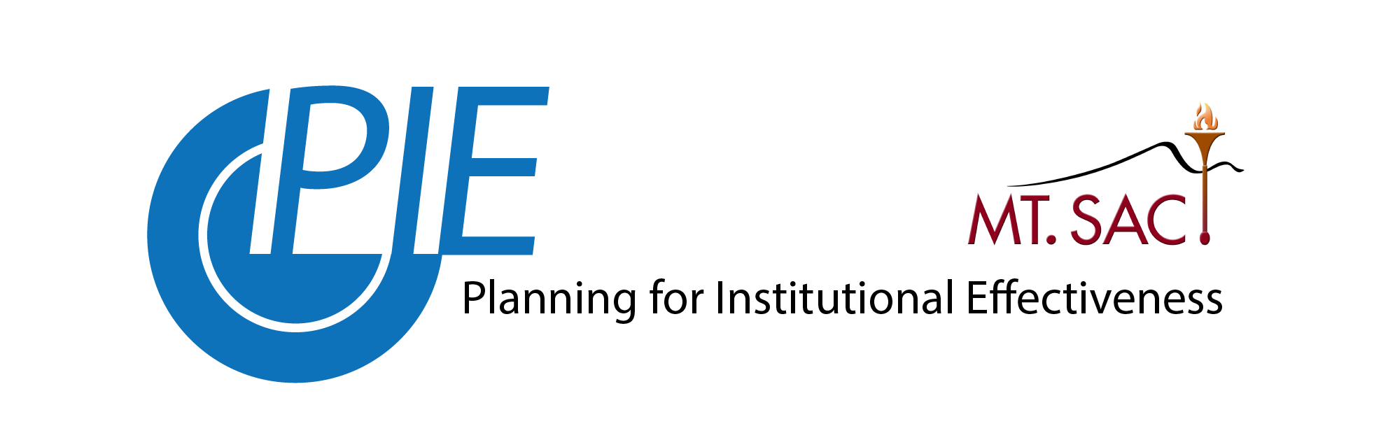 the planning for institutional effectiveness logo, a blue circle with two circles sections separated by a space and the top-right quarter cut out with the letters P I E in all caps