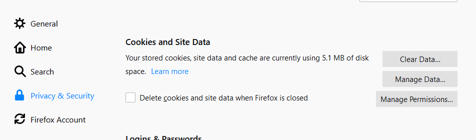 Screenshot of the Firefox settings for Cookies and Site Data