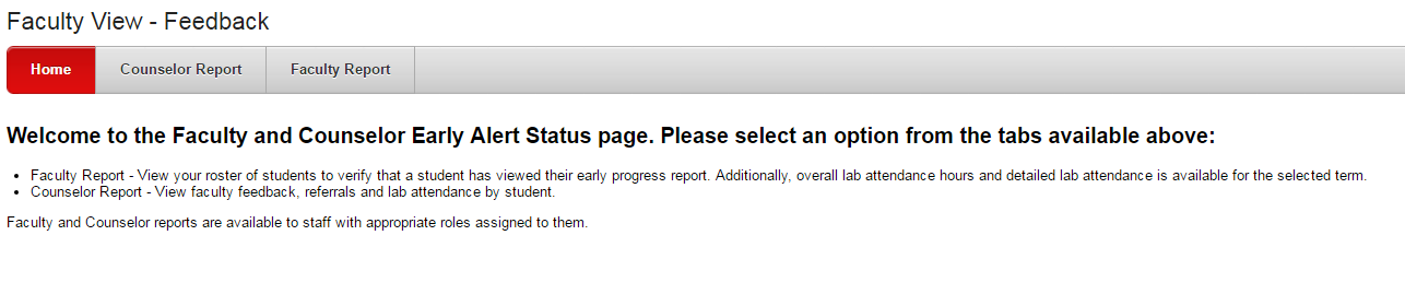 Faculty Early Progress Alert Status System Welcome Page