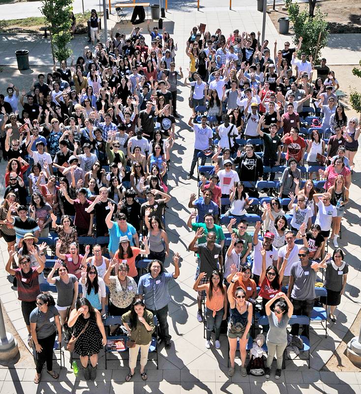 Photo of a large crowd of honors students from above
