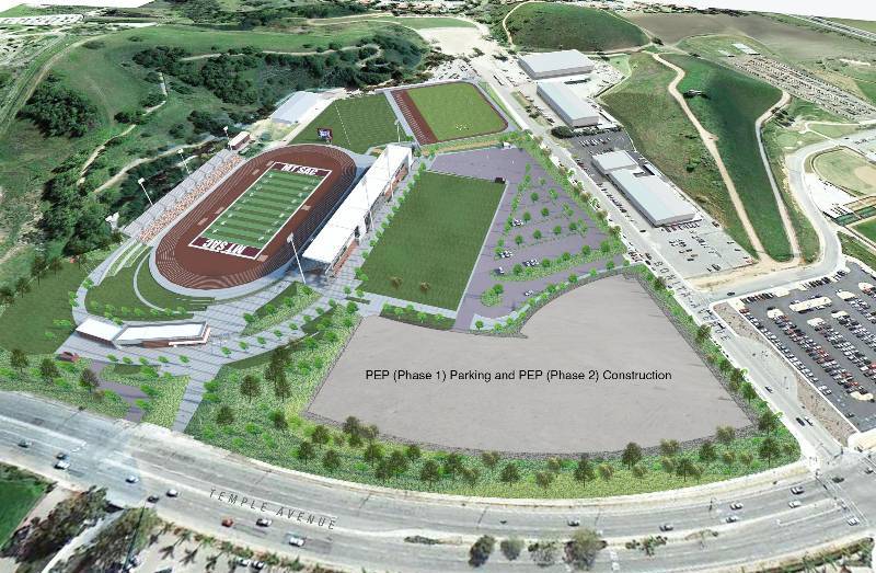 A rendering of the Physical Education Project's first phase with the new stadium in the southeast of campus.