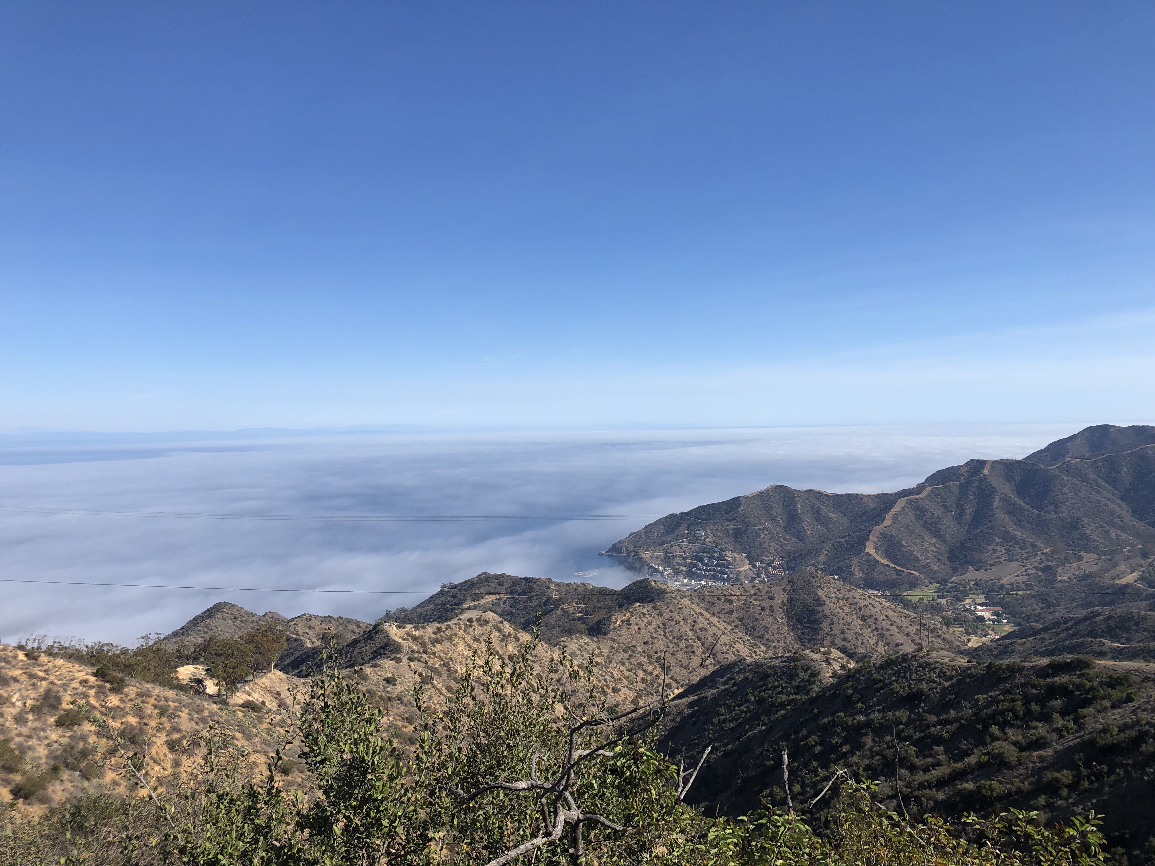 A view of the ocean covered with fog from a high elevation ofer Avalon on Catalina Island.