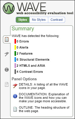 Results in the WAVE accessibility checker