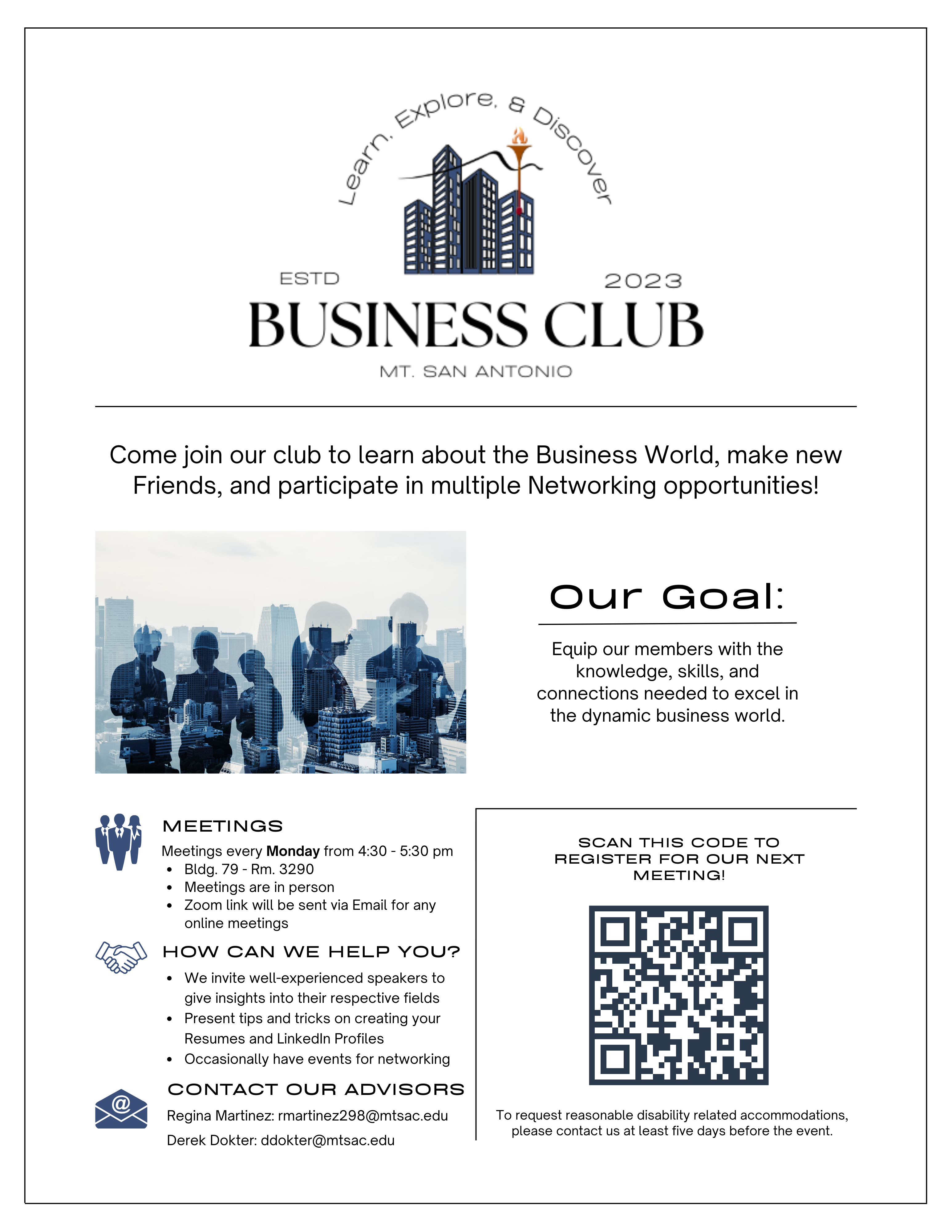 AFM Club flyer detailing meeting every Monday from 4:30pm to 5:30pm in building 79-3290. Meeting are in person and via zoom. The AFM club can help you through enhancing your knowledge of the industry through speakers, tip and tricks, and occassional networking events. For more informtation, please contact Regina Martinez at rmartinez298@mtsac.edu. There is also a QR to register for the next meeting. 