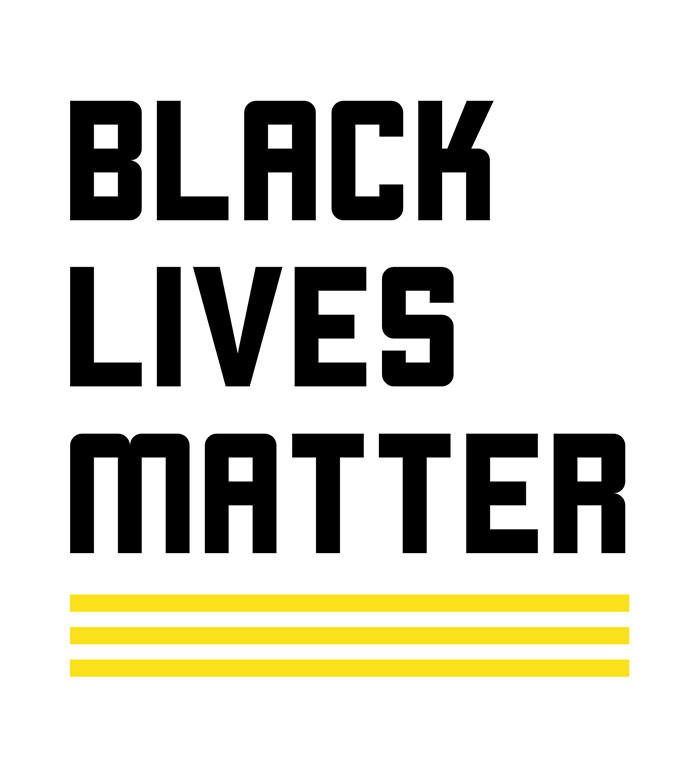 BLM logo with black font, white background, three yellow underlines and text "BLACK LIVES MATTER"