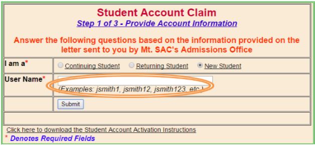 Student Account Claim User Name
