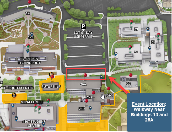 map of Mt. SAC buildings with arrows pointing at building 26A walkway near bridge.