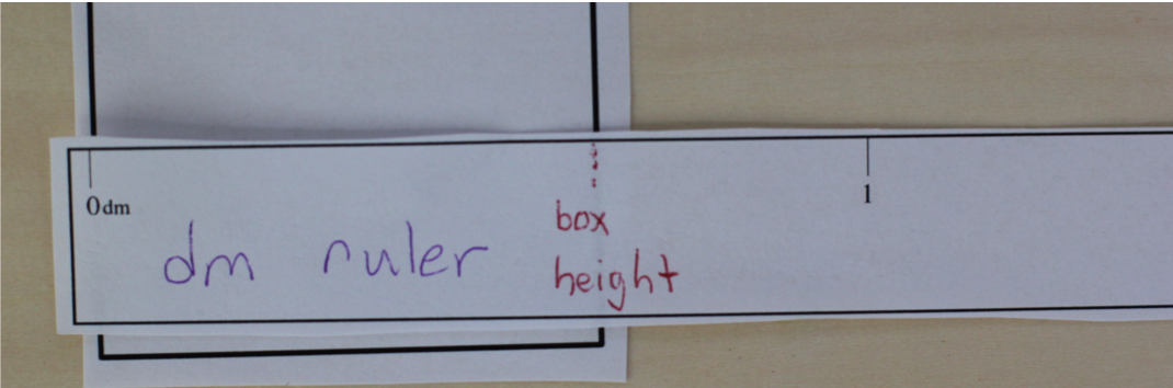 Picture showing measurement of box 1 height using a dm ruler