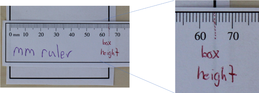 Picture showing the measurement of the height of box 1 using the millimeter ruler