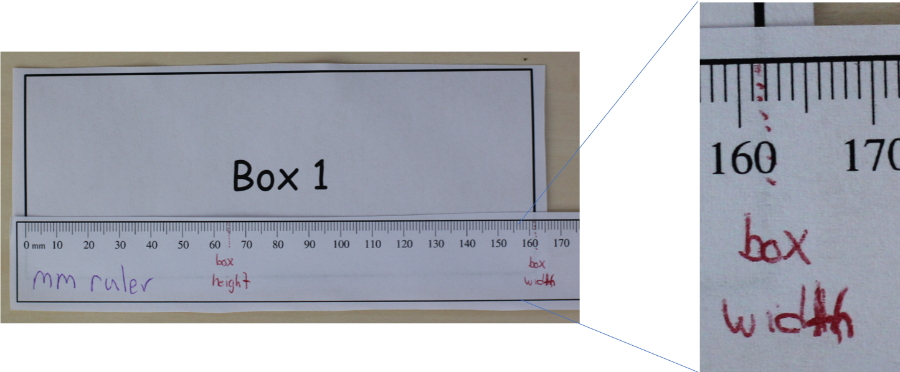 Picture showing the measurement of the width of box 1 using the millimeter ruler