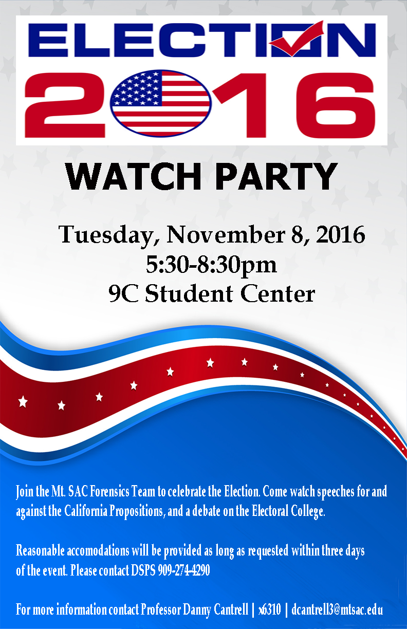 Election Night Watch Party Tues 11/8 5:30-8:30pm Student Center 9C