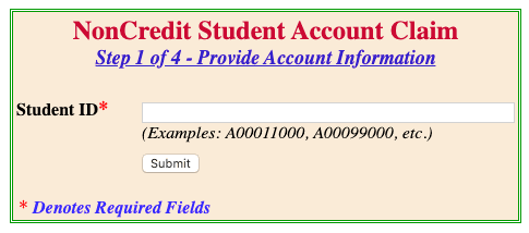NonCredit Student Account Claim - Step 1 of 4