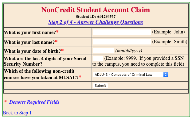 NonCredit Student Account Claim - Step 2 of 4