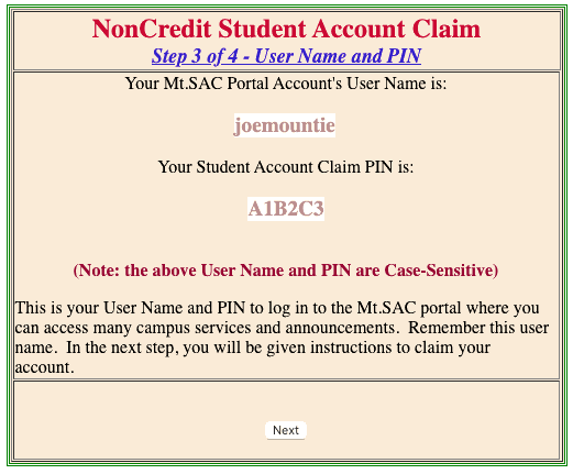 NonCredit Student Account Claim - Step 3 of 4