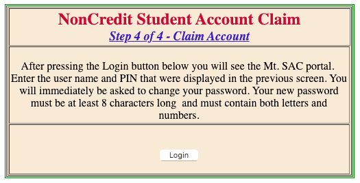 NonCredit Student Account Claim - Step 4 of 4