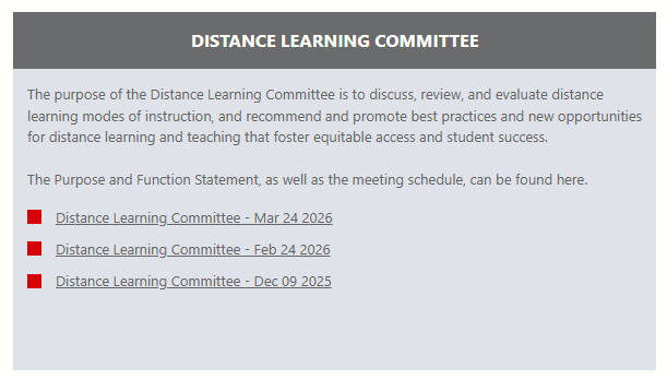 Under meetings tab, scroll to find Distance Learning Committee, entries are alphabetical