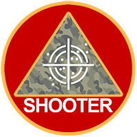 active shooter logo - triangle with camoflauge background overlaid by rifle sights within a red circle with gold edge