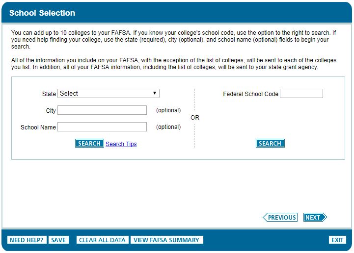 FAFSA School Selection