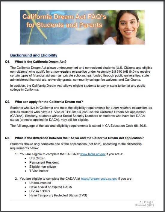 CA Dream Act Application FAQ’s for Students and Parents
