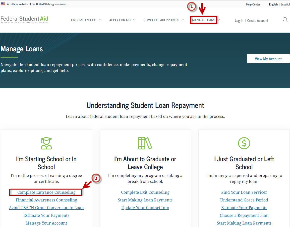 Image of Federal Student Aid Loans website Online Entrance Counseling