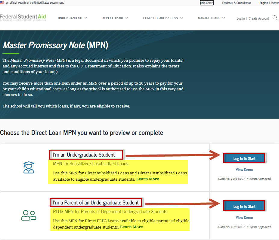 Federal Student Aid Master Promissory Note website