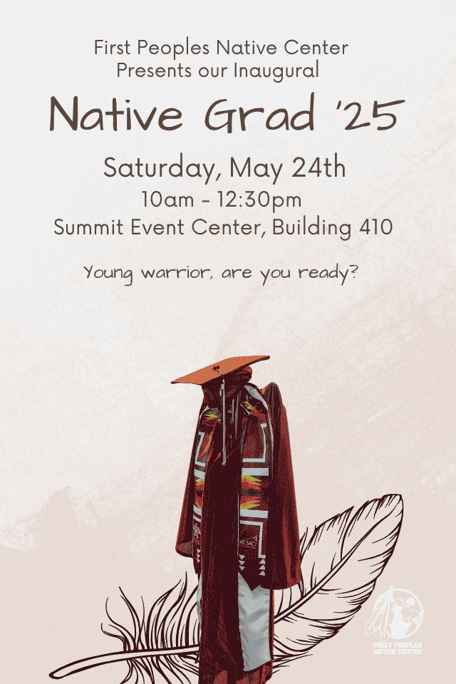 beige background with a picture of a mannequin with a graduation robe, cap, and gown on. Description reads: Saturday, May 24th. 10 am - 12:30 pm. Summit Event Center, Building 410. Young warrior, are you ready? 