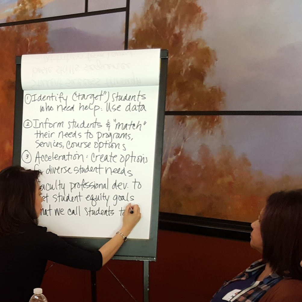 Women writing on easel at planning seminar