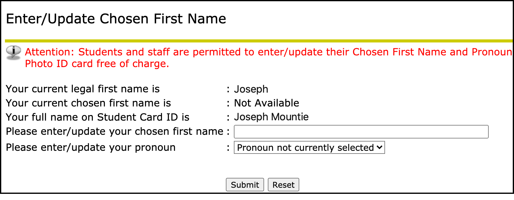 Enter/Change Preferred First Name Screen