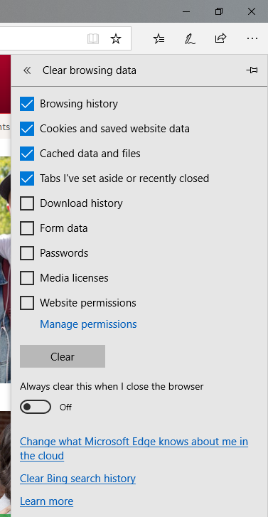Screenshot of the Edge Clear Browsing Data menu