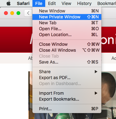 Screenshot of the Safari 'File' menu