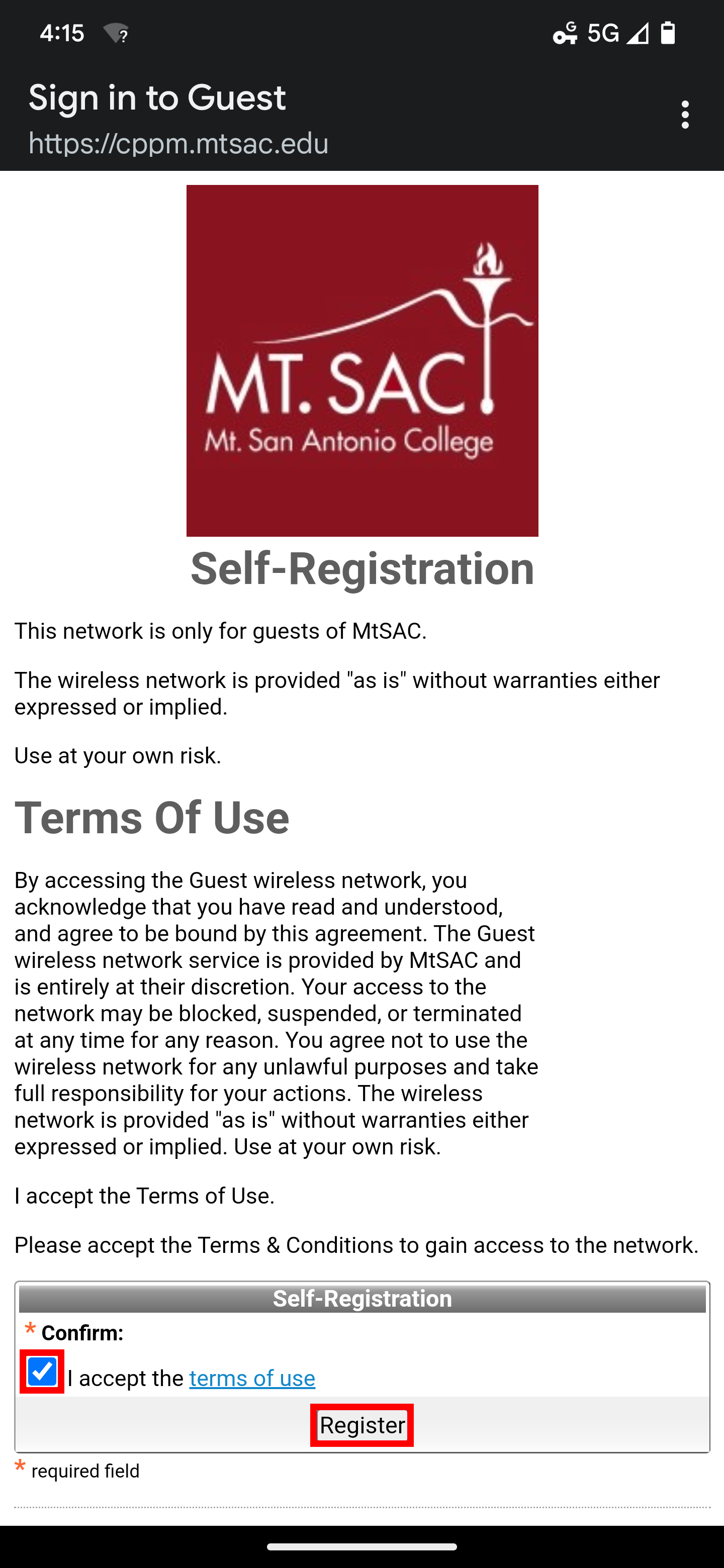 Android screen with the Guest network Terms of Use displayed. The Confirm checkbox and Register button are highlighted.