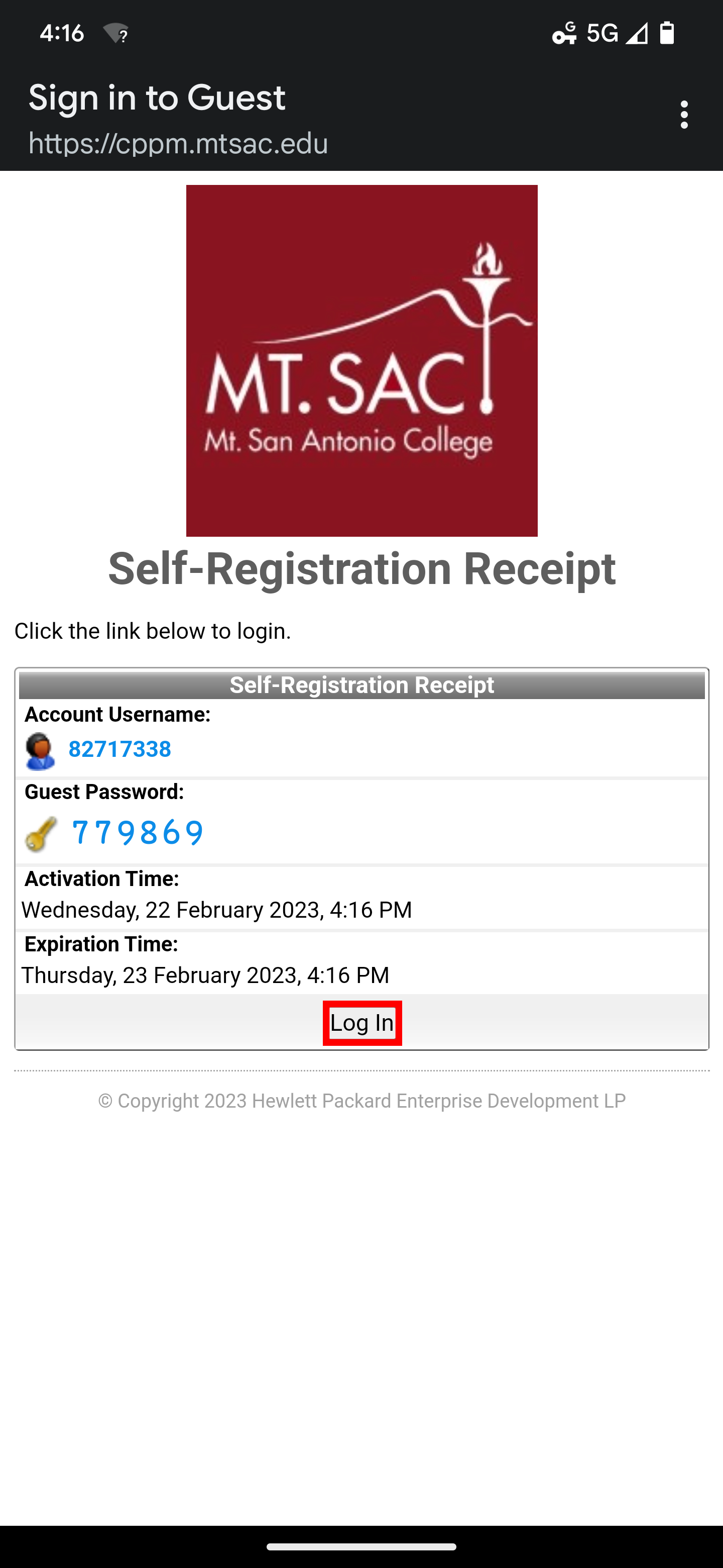 Android screen with the Self-Registration Receipt window displayed and the Log In button highlighted.