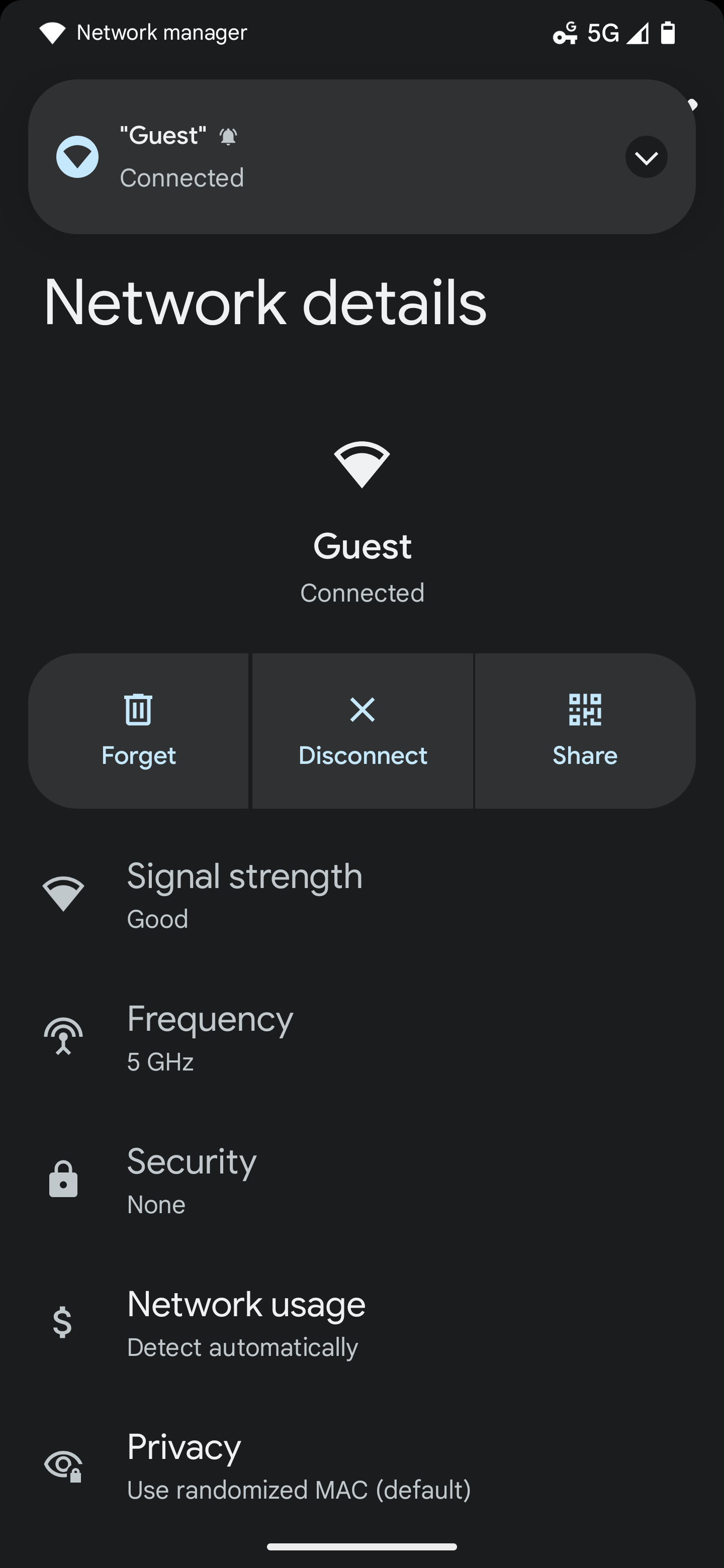 Android screen with the Guest network settings menu displayed.