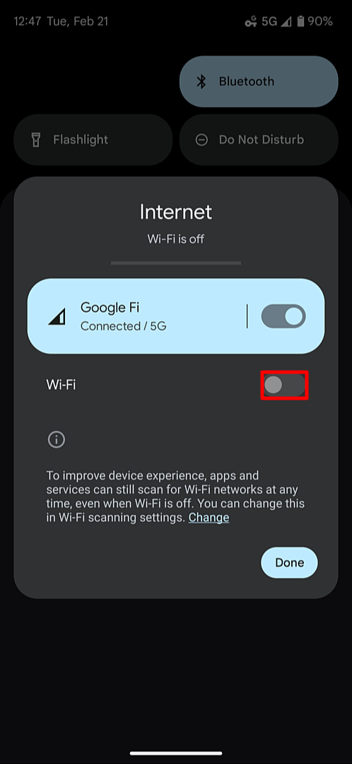 Android screen with the Wifi toggle highlighted