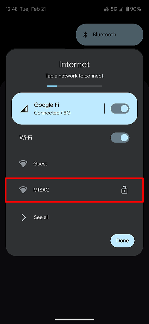Android screen with the MtSAC network highlighted