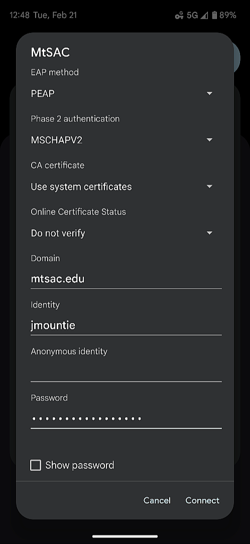 Android screen showing the settings for the Mtsac wifi network