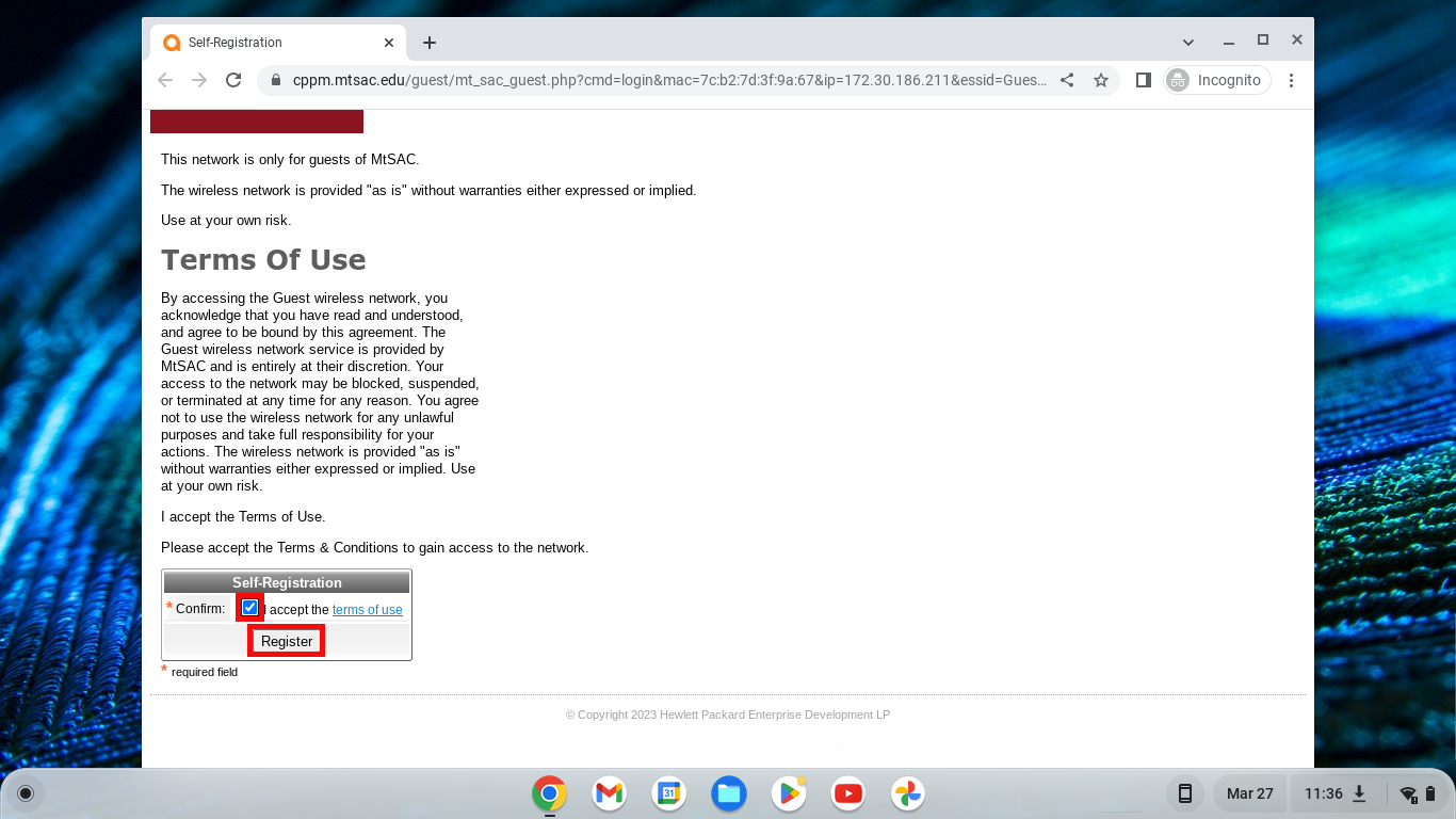ChromeOS with the web browser open and the Terms of Use page open the Accept checkbox and Register button are highlighted