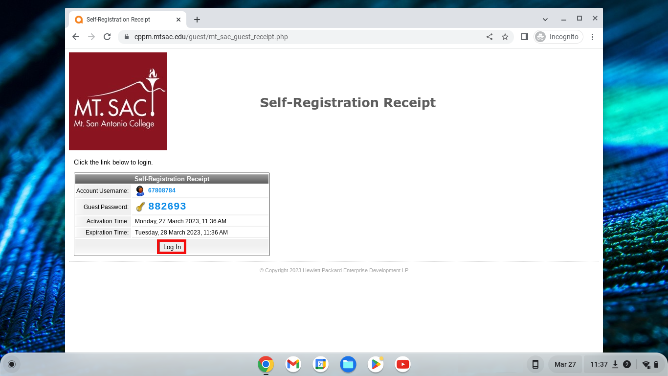 ChromeOS desktop with the web browser open and the Confirmation Receipt page displayed the Login button is highlighted