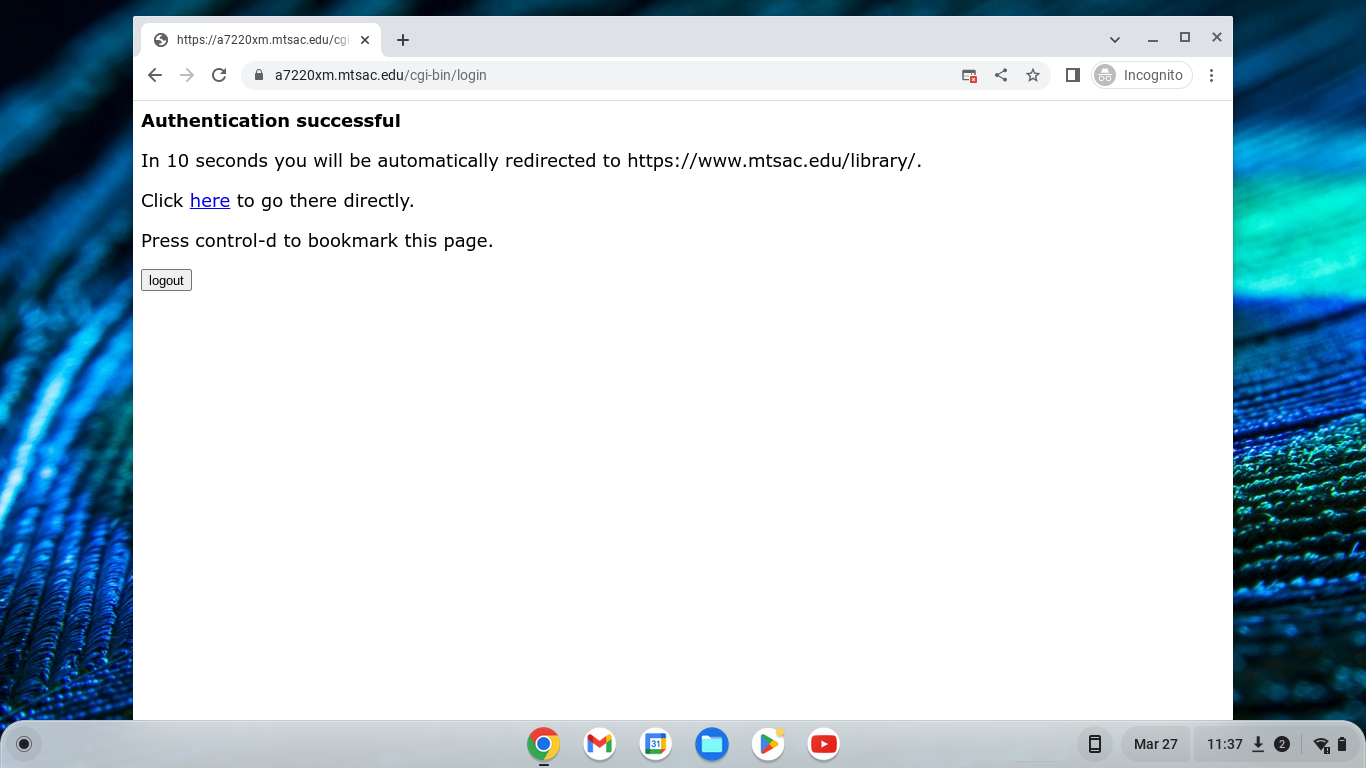 ChromeOS desktop with the web browser open and the Authentication successful page open