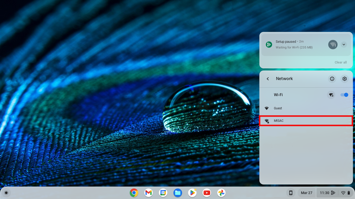 ChromeOS desktop with the available networks menu open and the MtSAC network highlighted