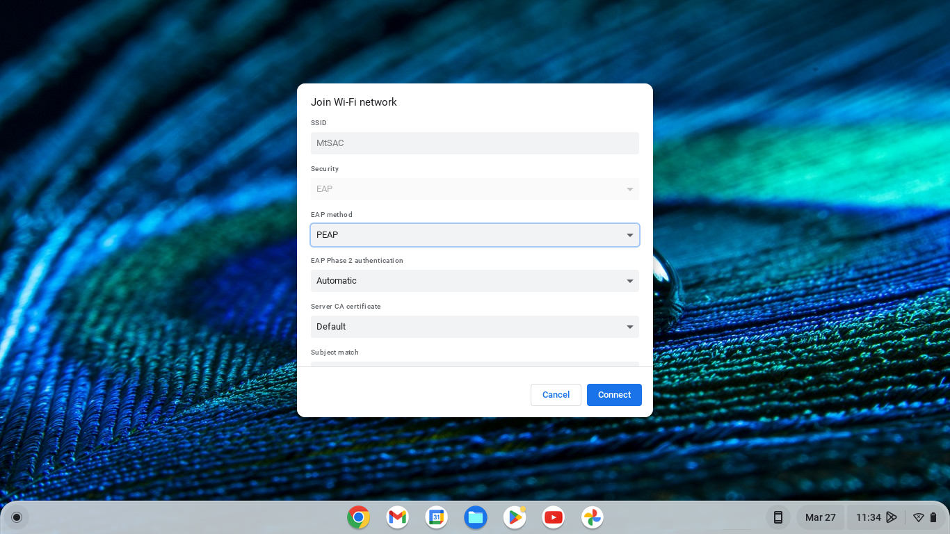 ChromeOS desktop with the network settings menu open