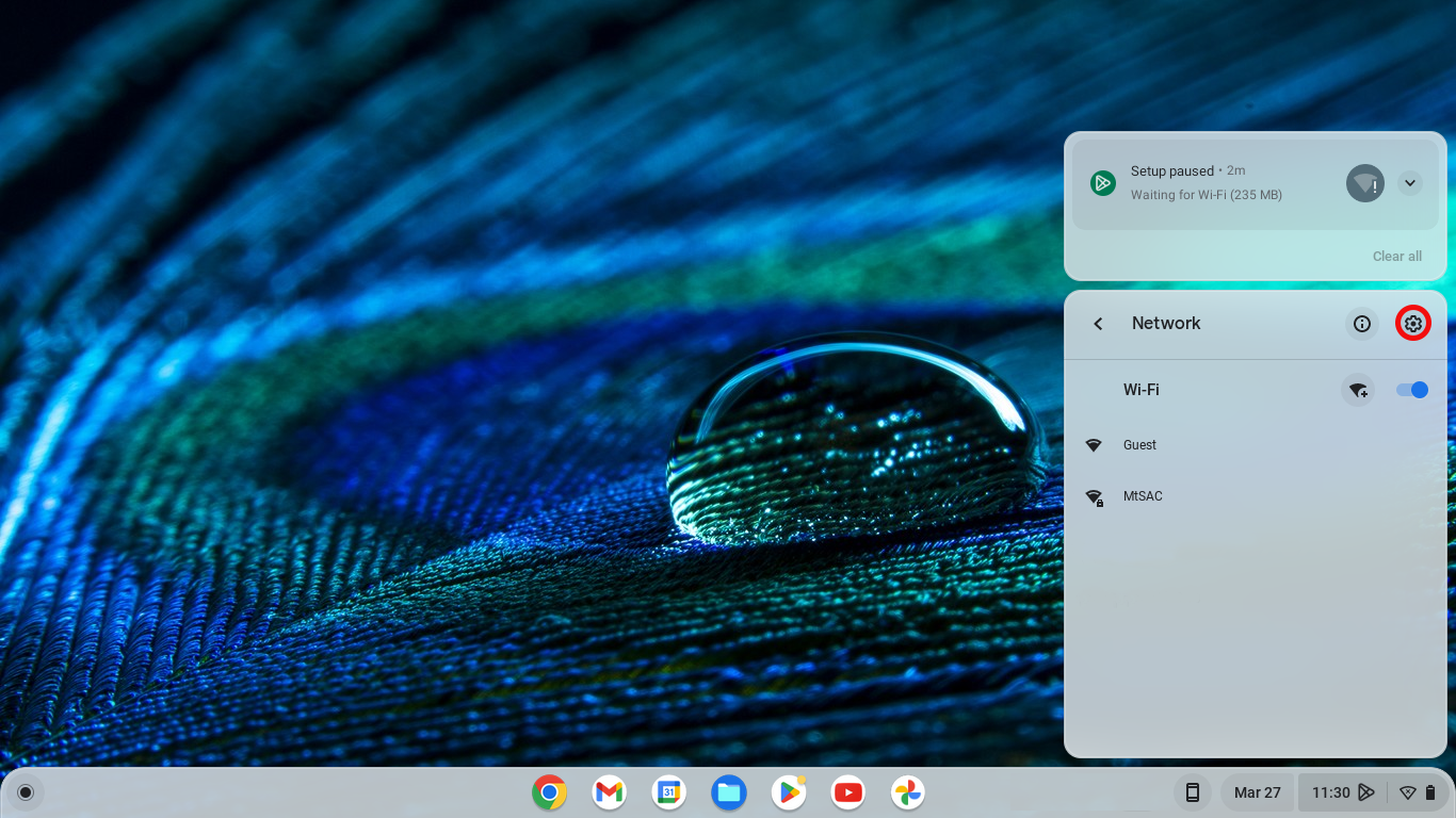 ChromeOS desktop with the Wi-Fi networks menu open and the gear icon highlighted