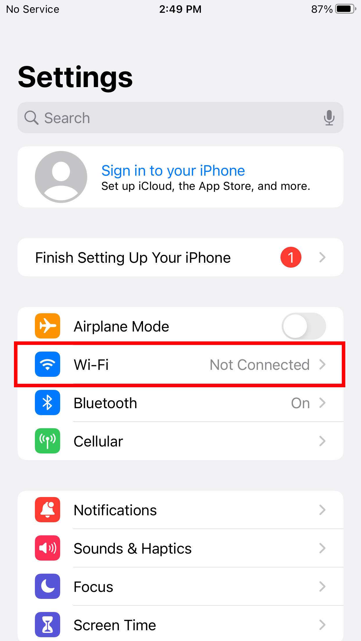 iOS screen with the Wi-Fi setting icon highlighted