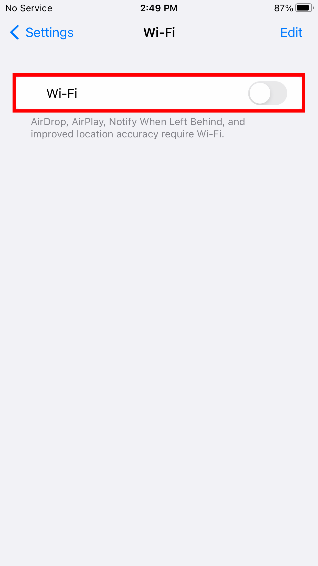 iOS screen showing the Wi-Fi menu, the On/Off toggle is highlighted