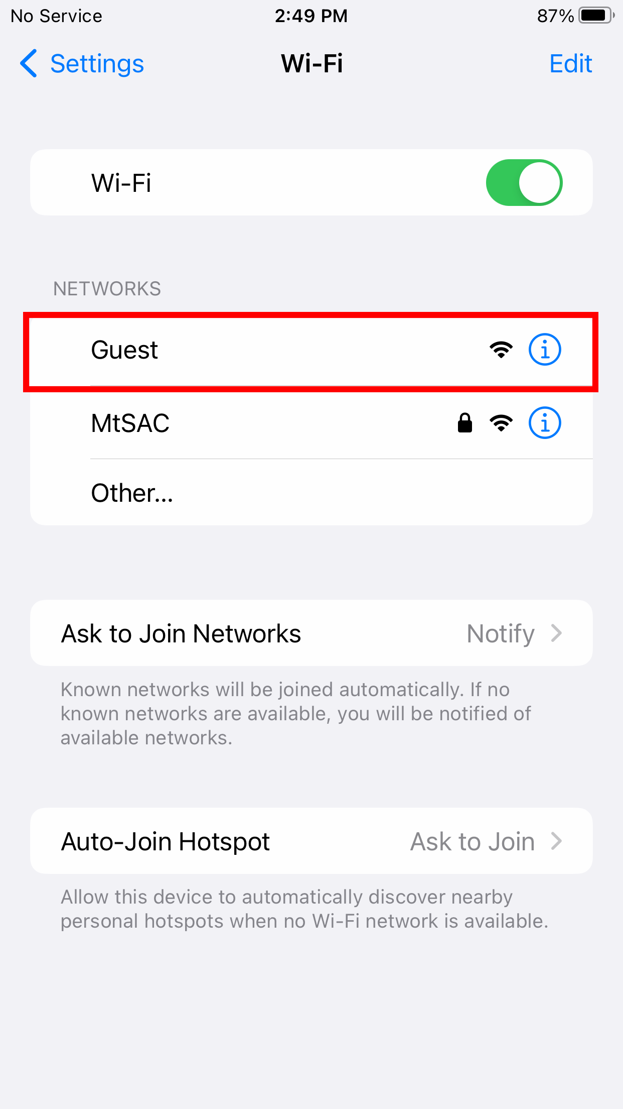 iOS screen with the Guest Wi-Fi network highlighted