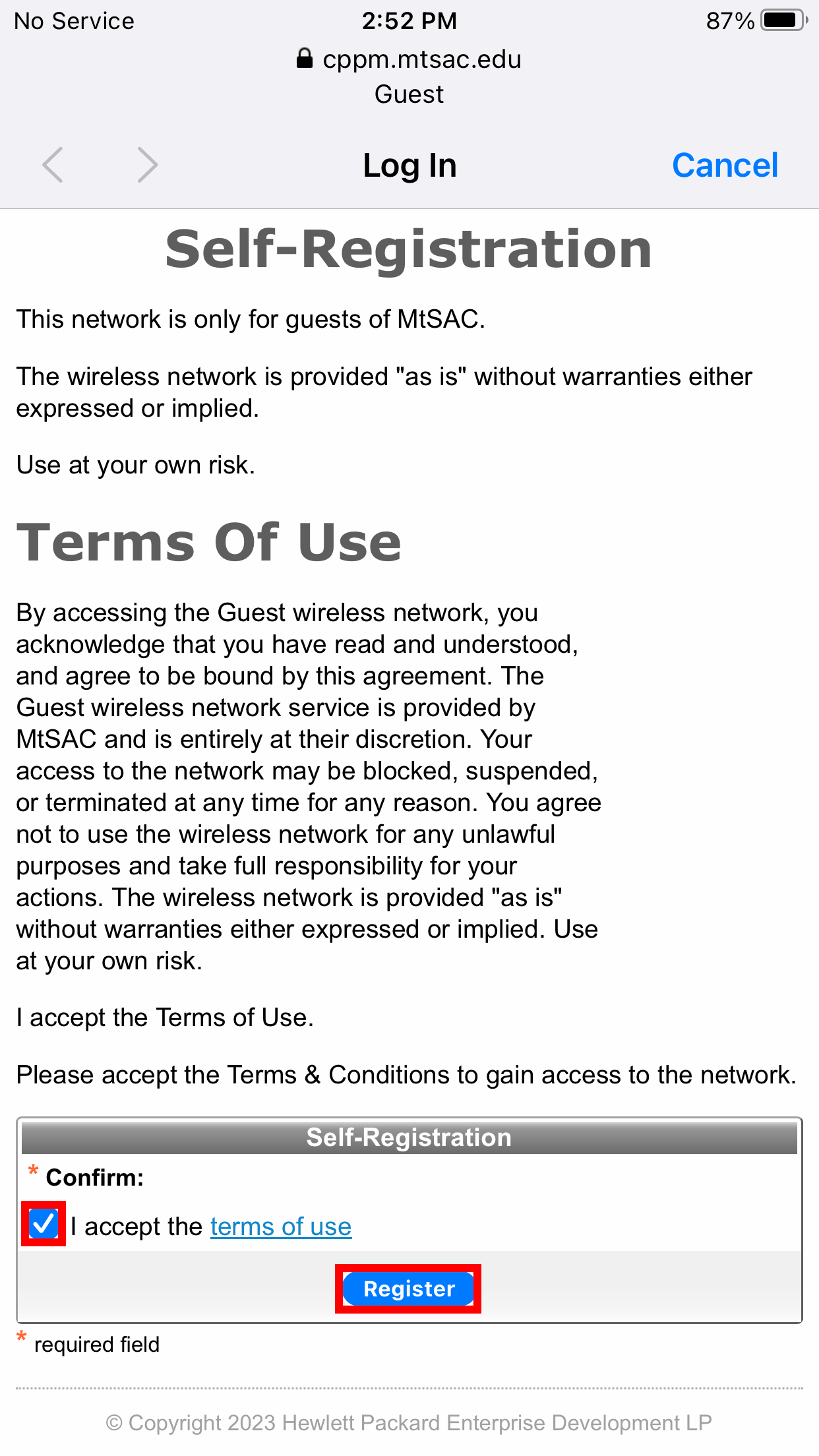 iOS screen displaying the Guest network's Terms of Use with the checkbox and Register button highlighted