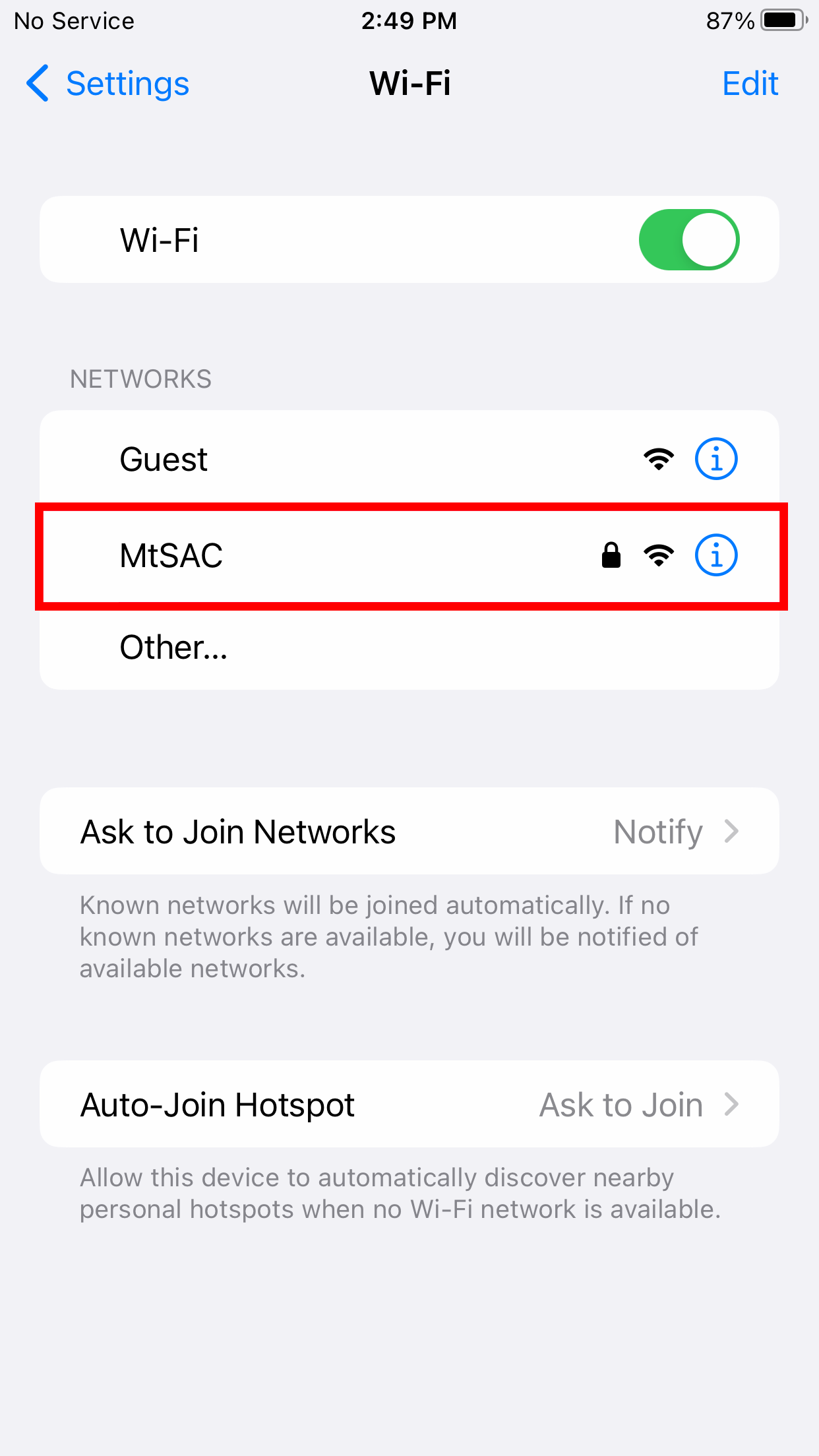iOS screen with the MtSAC Wi-Fi network highlighted
