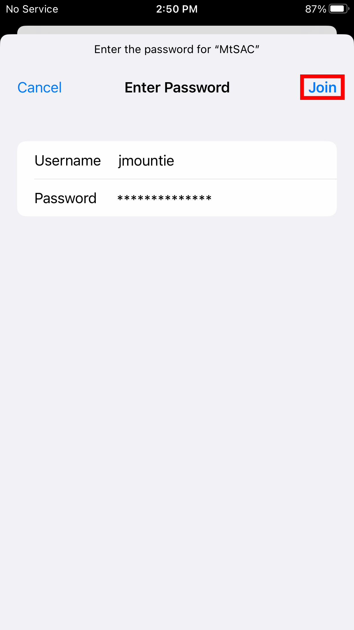 iOS screen with the username and password fields displayed and the Join link highlighted
