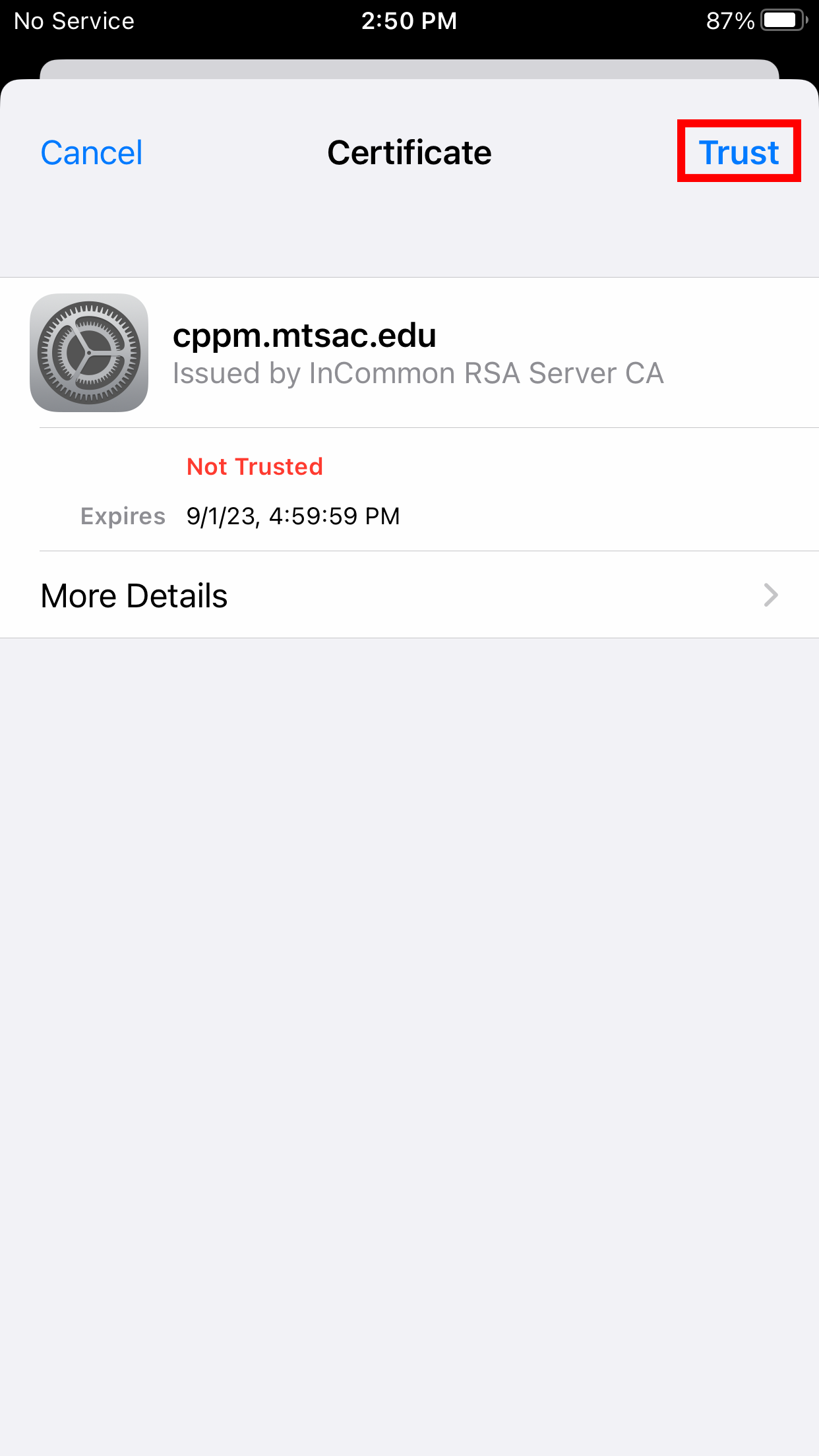 iOS screen with the Certificate window displayed and the Trust link highlighted