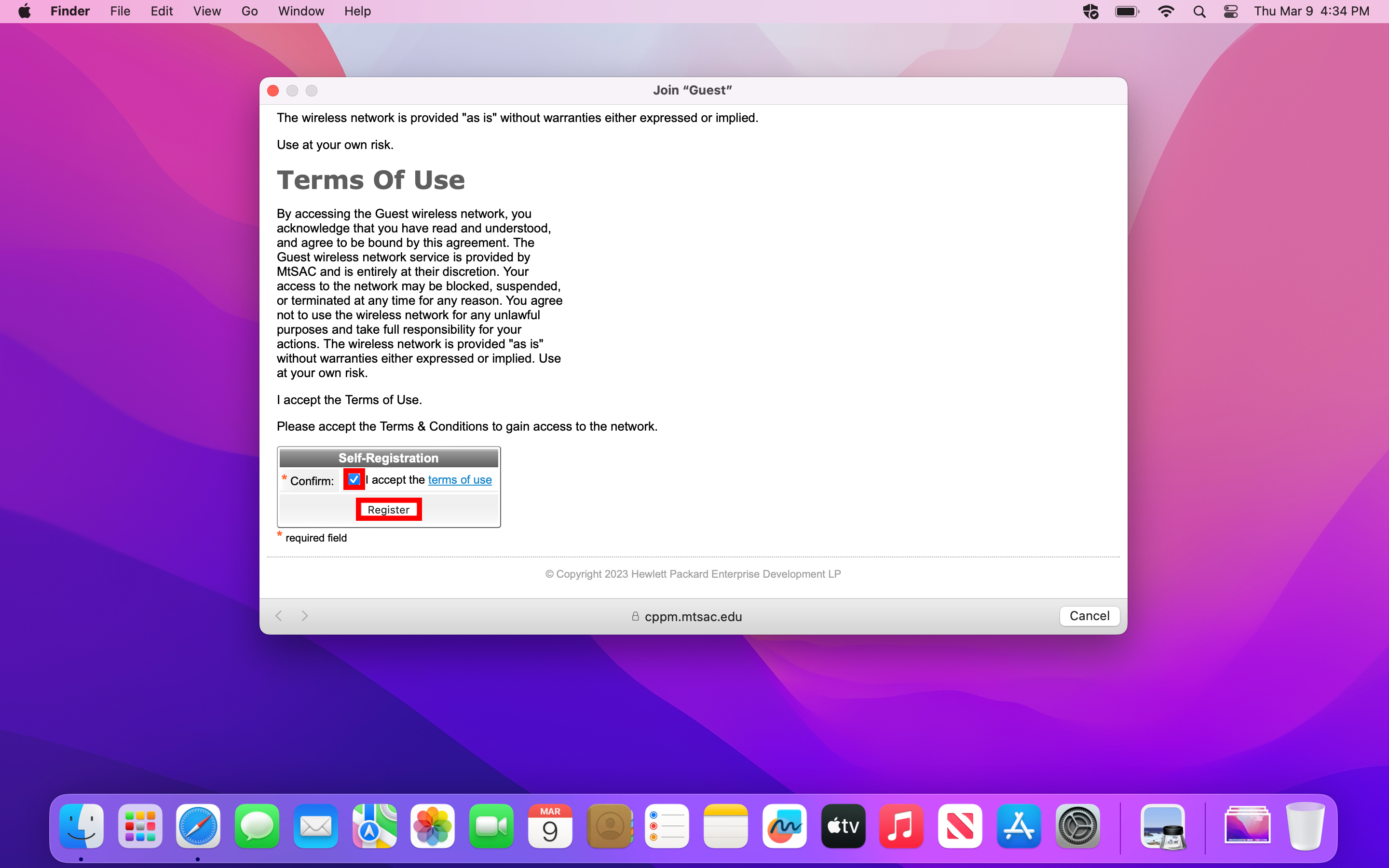 MacOS screen displaying the Guest network's Terms of Use with the checkbox and Register button highlighted.